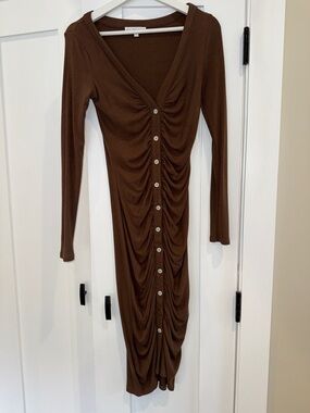 SUPERDOWN- Grace Button Down Ruching Long Sleeve Dress in Brown
